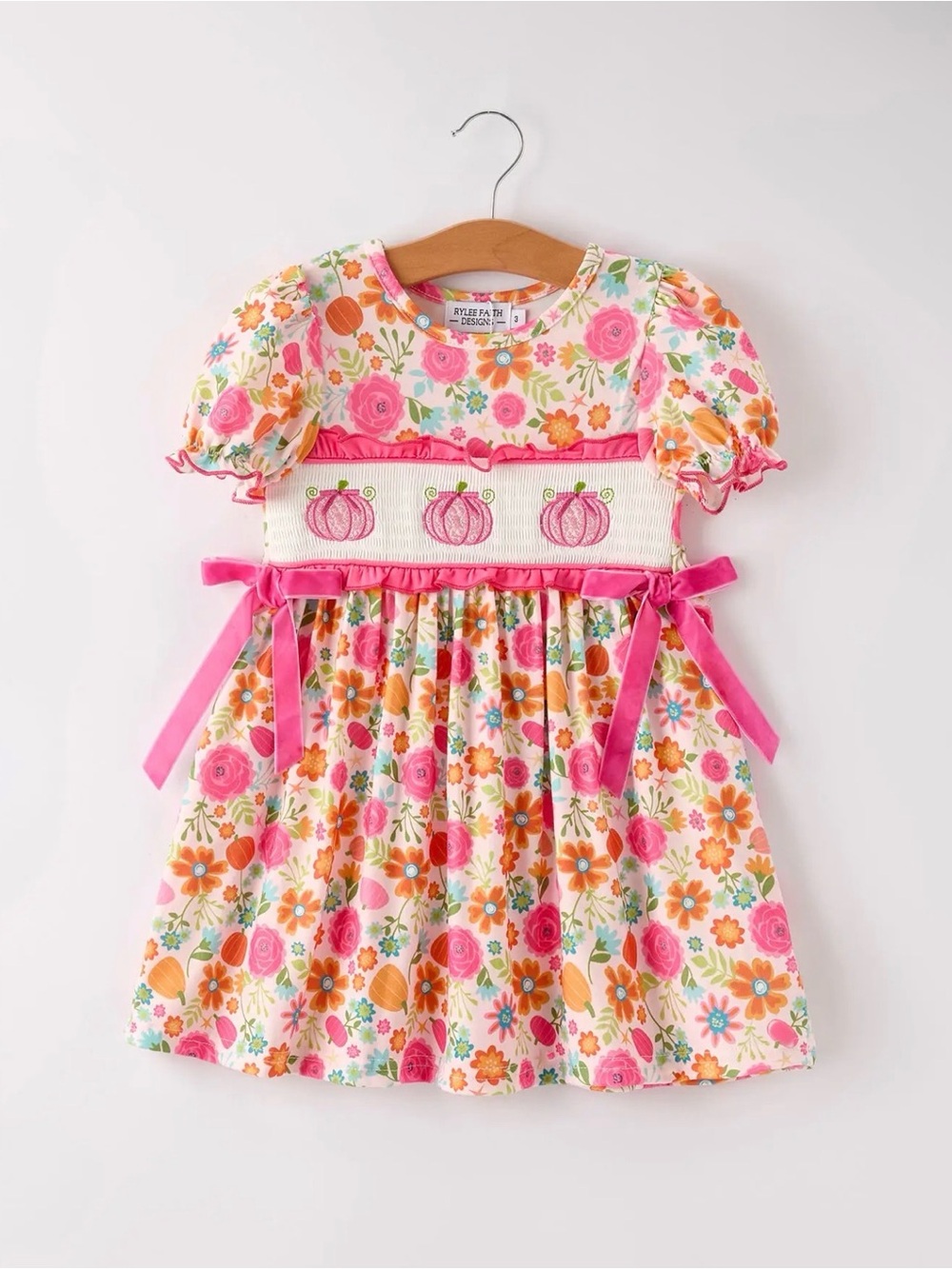 Rylee Faith Autumn Thanksgiving Pumpkin Embroidery Smock Floral Girls Dress